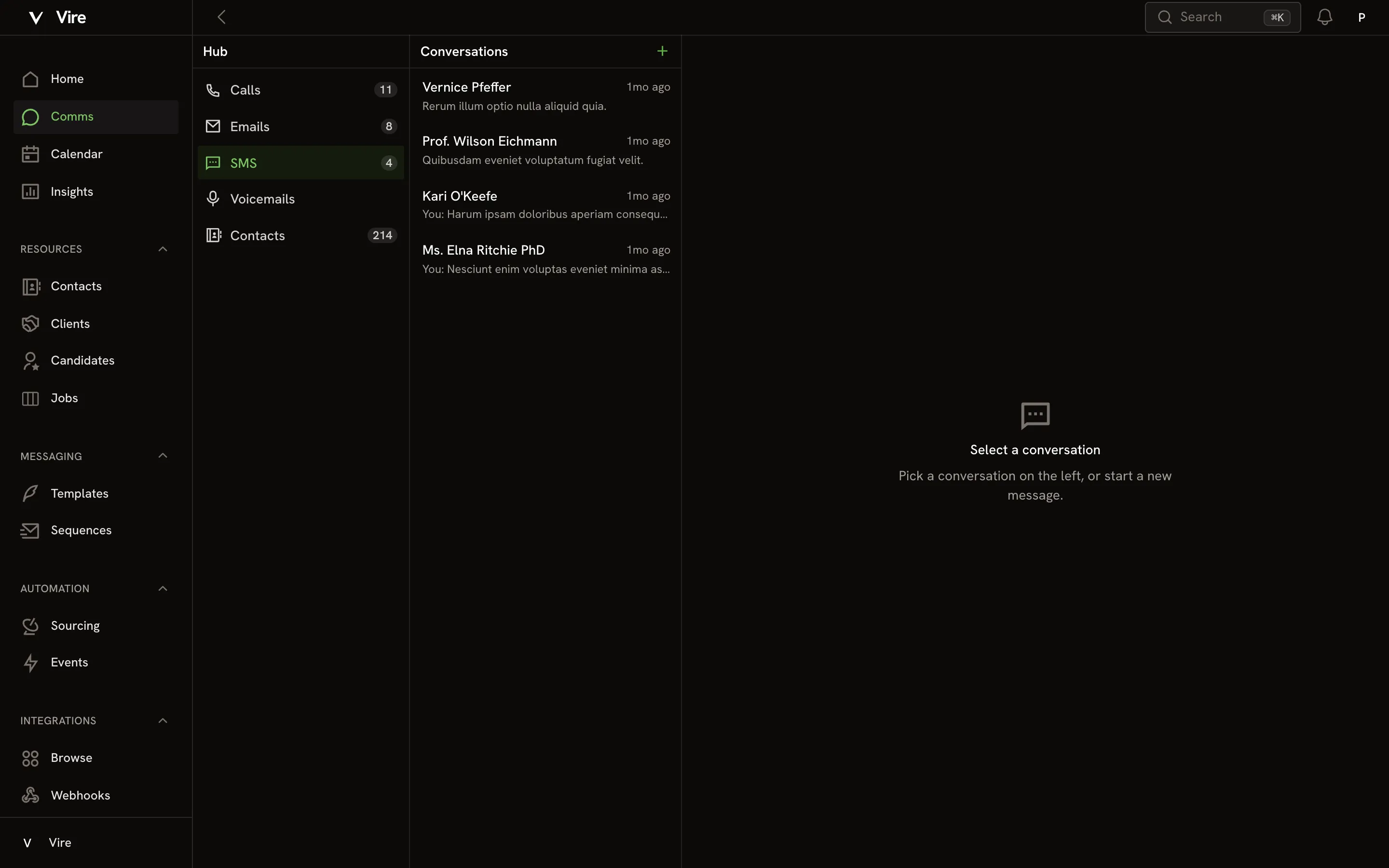 Vire comms inbox with calls, emails and SMS in one three-pane view