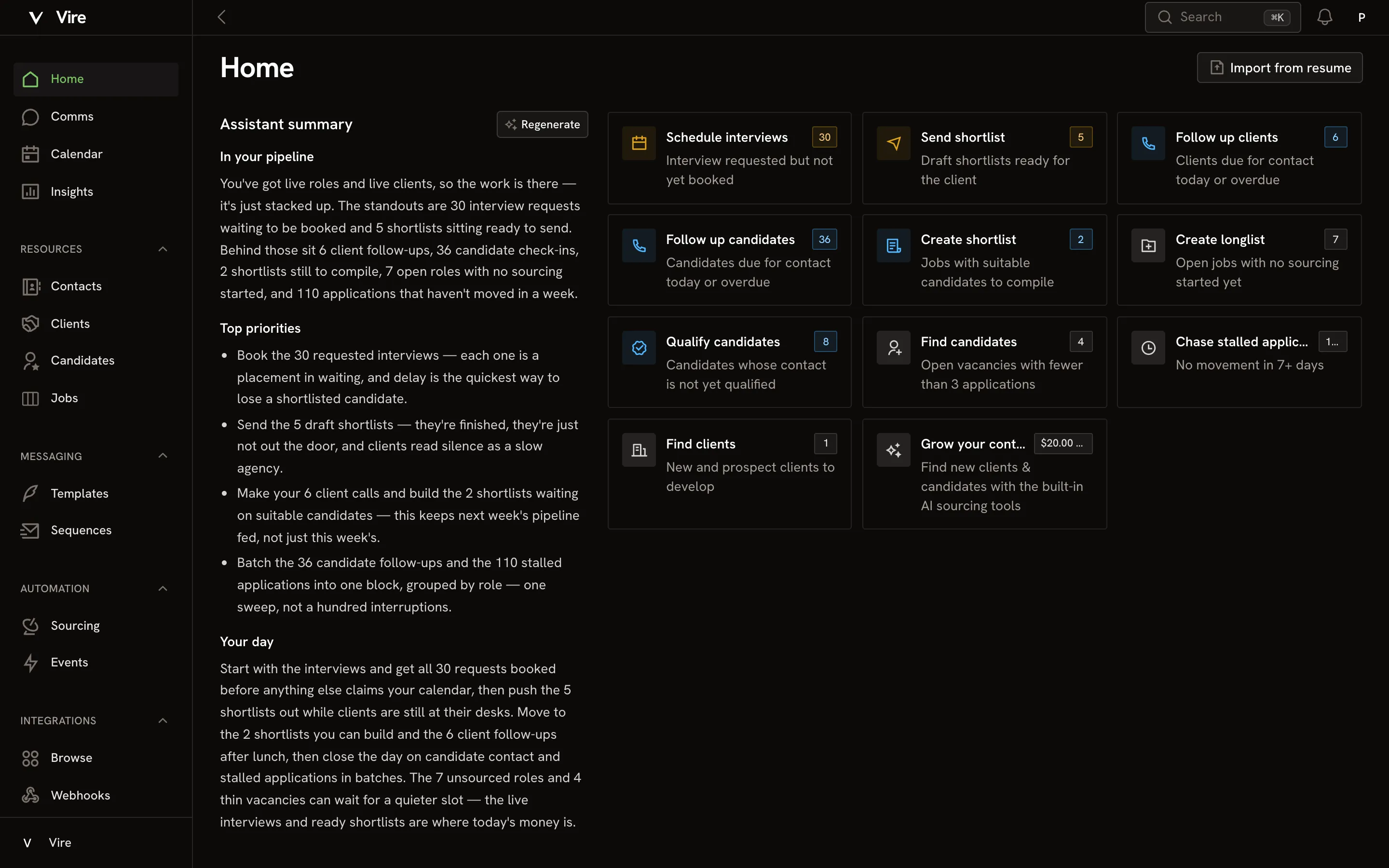 Vire PRO home dashboard with assistant summary, top priorities and your day