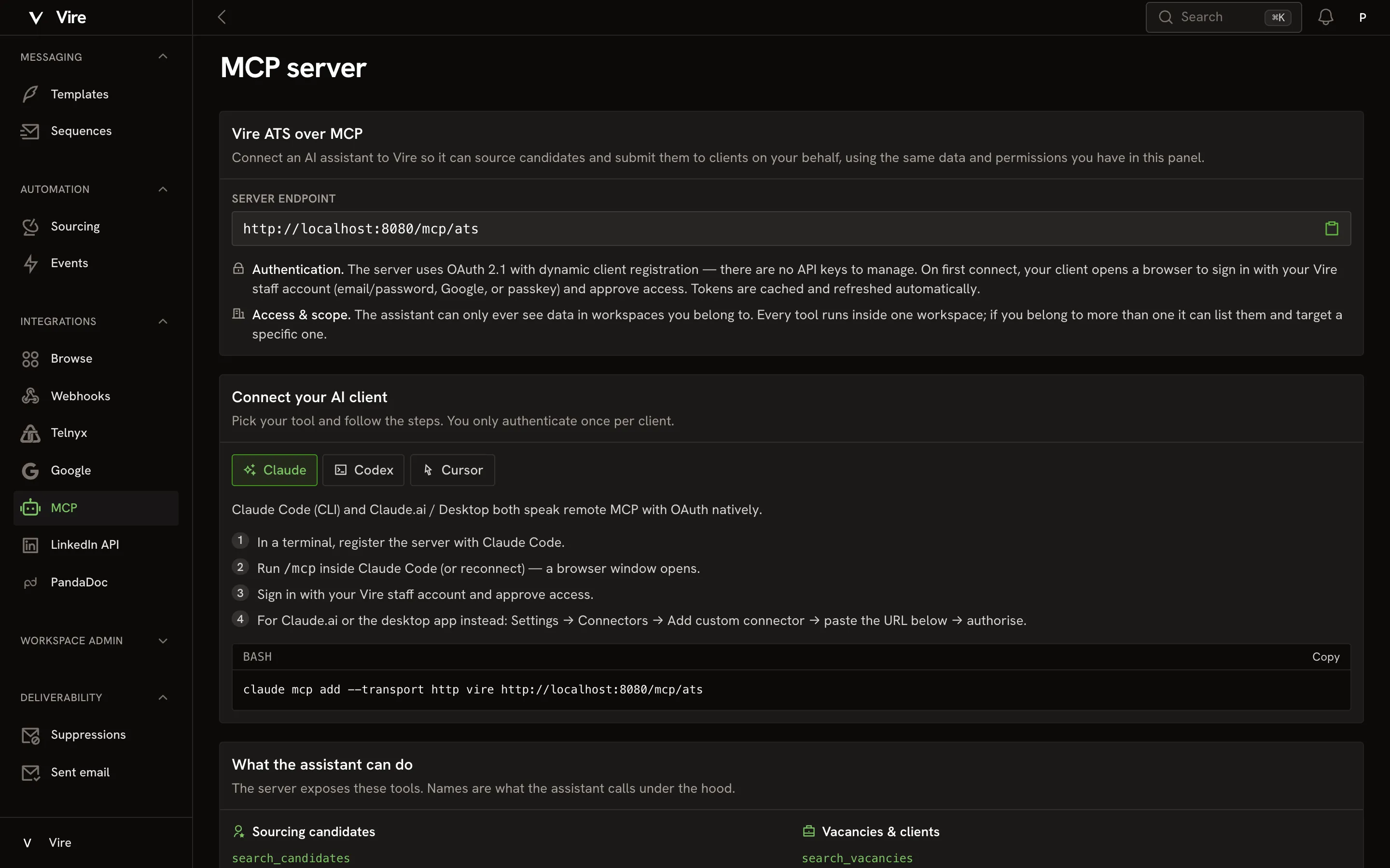 Vire MCP server page for connecting AI assistants